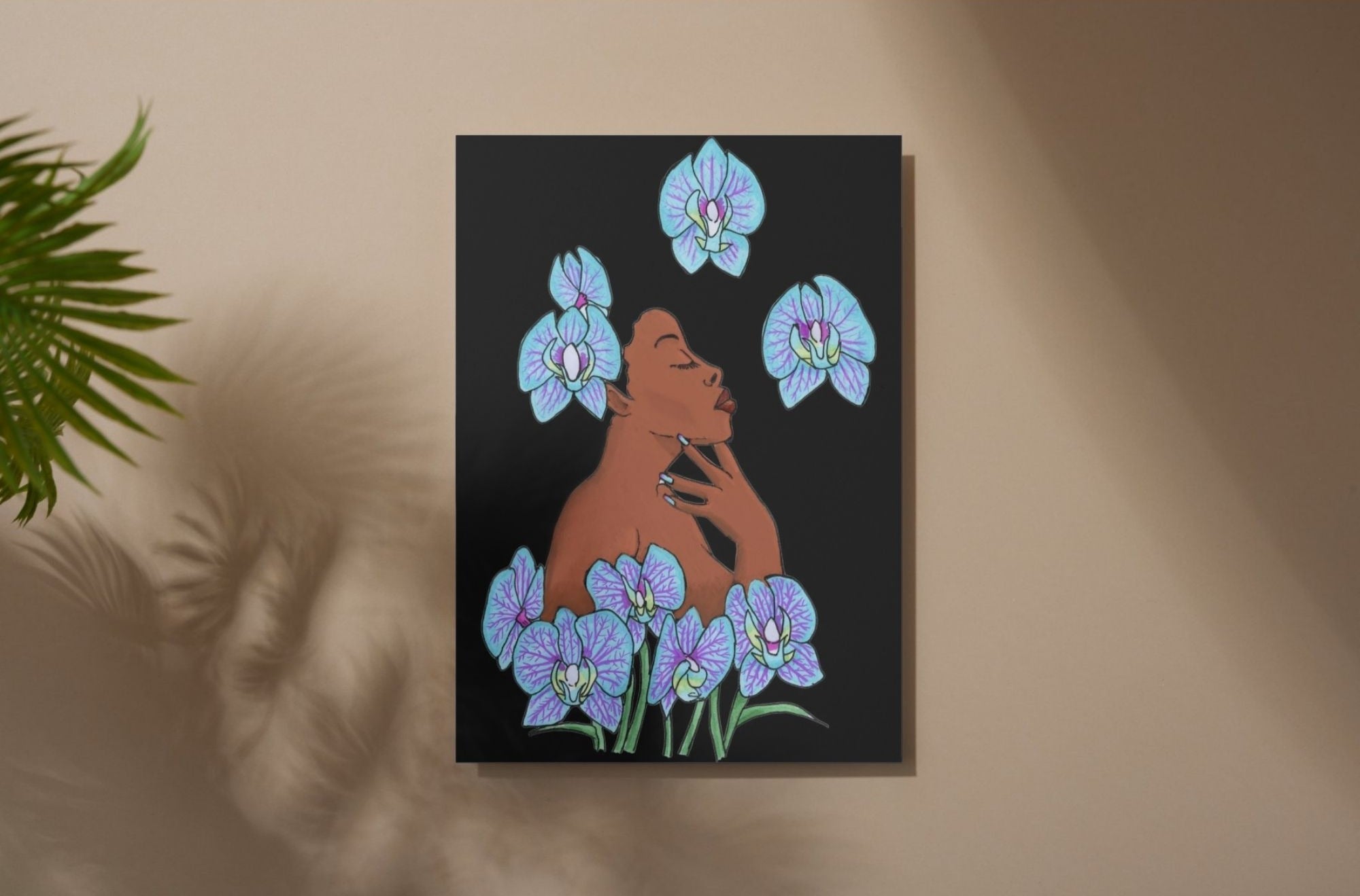 Hand-made multi-media art of women amongst blue orchids